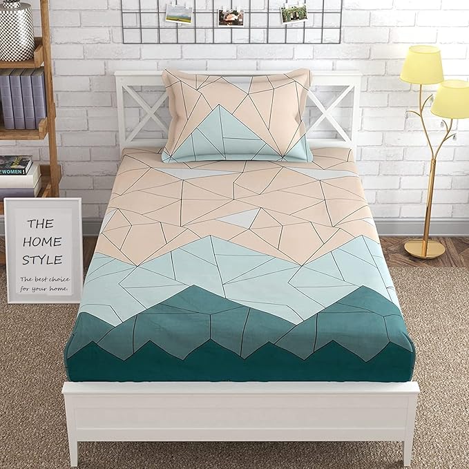 THE HOME STYLE Cotton Feel Glace Cotton Elastic Fitted All Around Printed Full Length Single Bed Bedsheet With 1 Pillow Cover